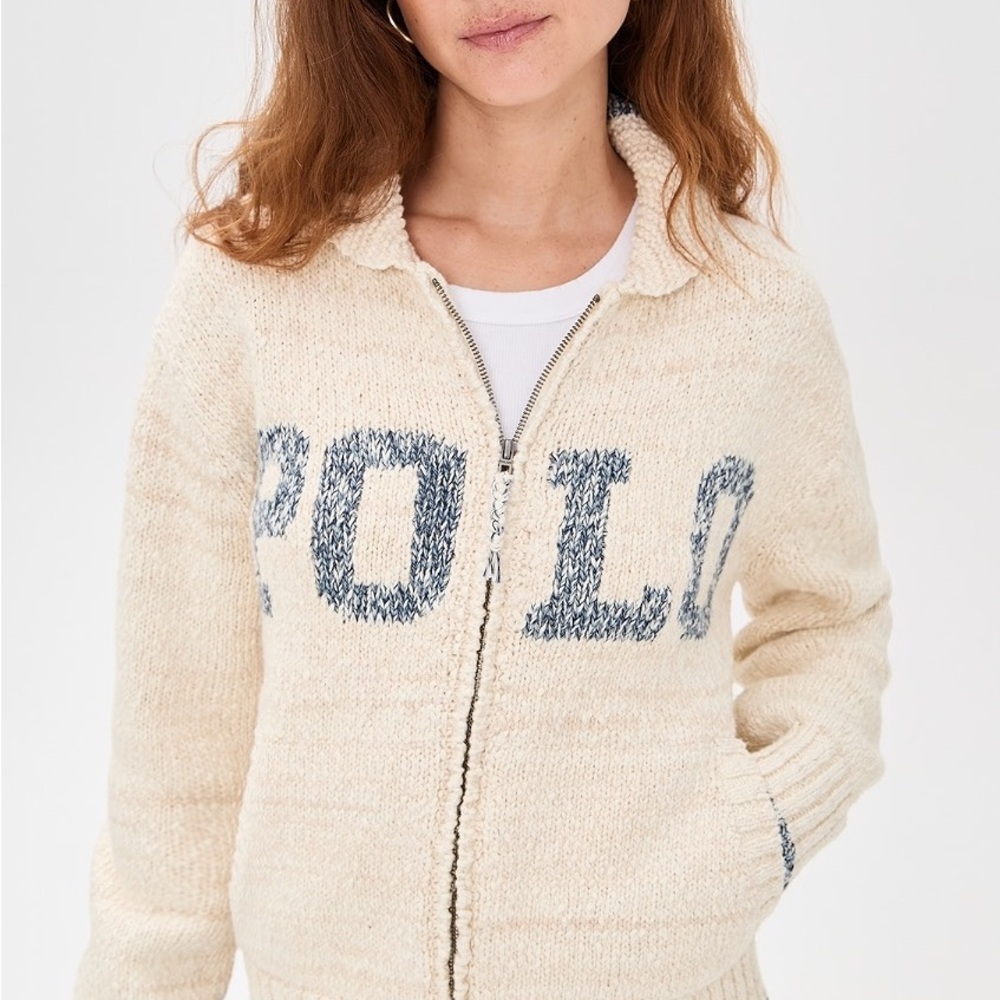 Polo by Ralph Lauren Cream Knit Zip Sweater with Navy Logo